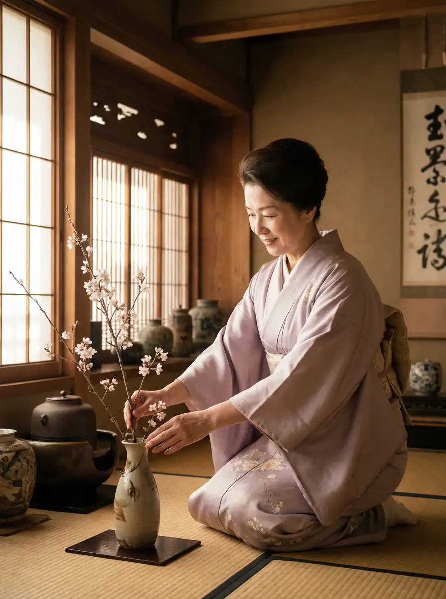 一位优雅的 村上里沙帝王浴 在和室中插花